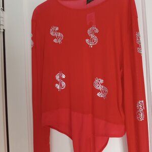Women's Red Sexy Sheer one piece with silver sequin Dollar Signs long sleeve 3x
